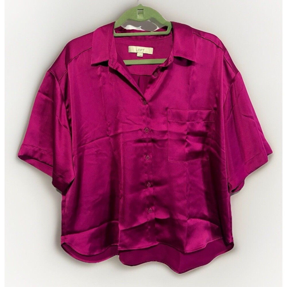Loft Women’s Boxy Oversized Pink Button Up Shirt Large Satin Silky Resort